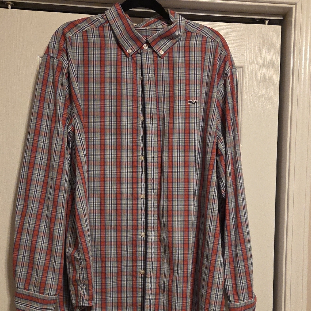 Men's Plaid Button-Down Shirt - Red and Blue